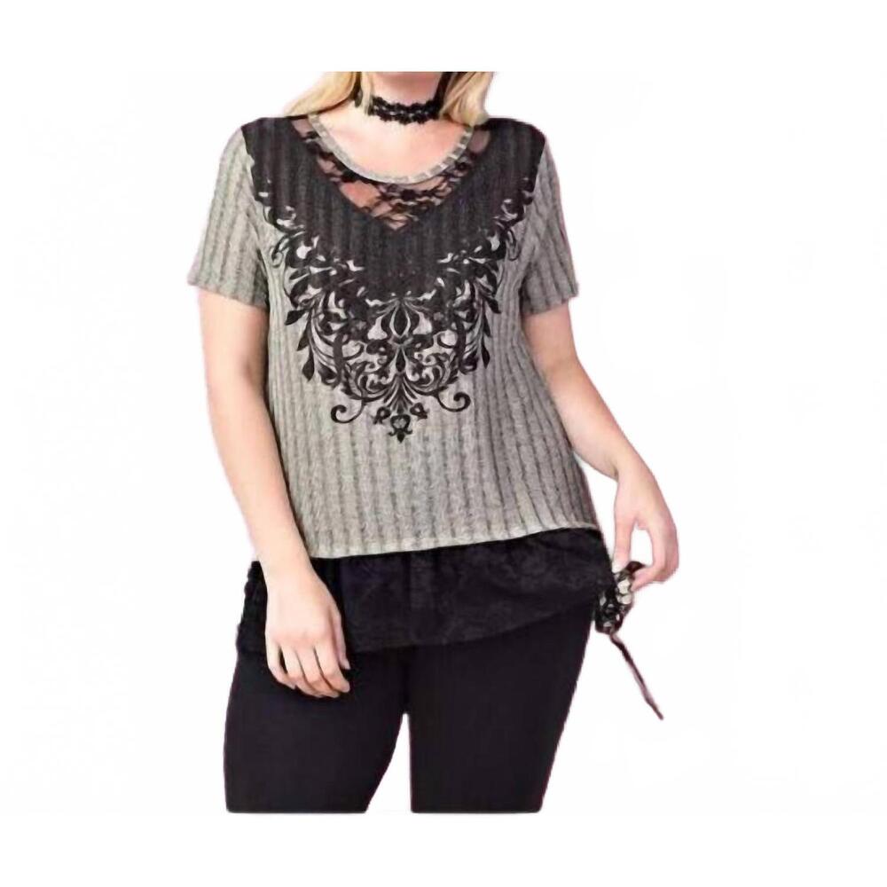 NEW VOCAL APPAREL ribbed lace rhinestone top - plus in gray